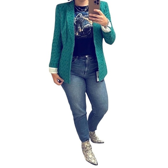 Zara Basic Emerald Jacquard Geometric Print Single Breasted Blazer - Picture 2 of 13
